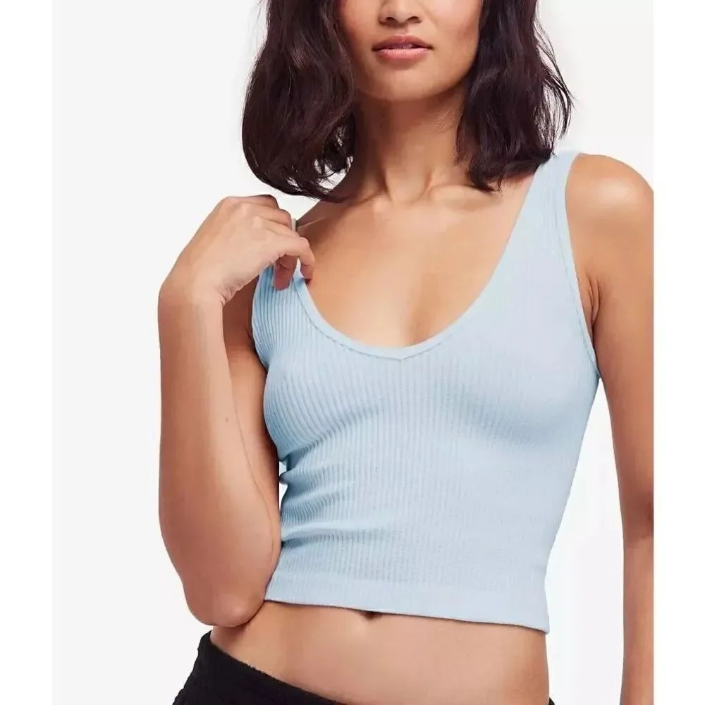Free People NWT Solid Rib Tank Top Brami Cropped Sky Blue Size M/L